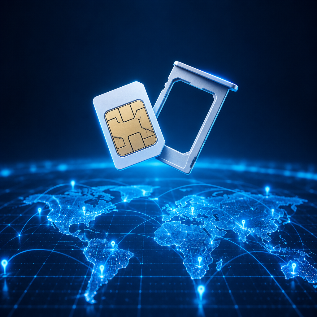 SIM card over a blue holographic map technology background