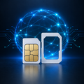 SIM card with blue and cyan technology network background